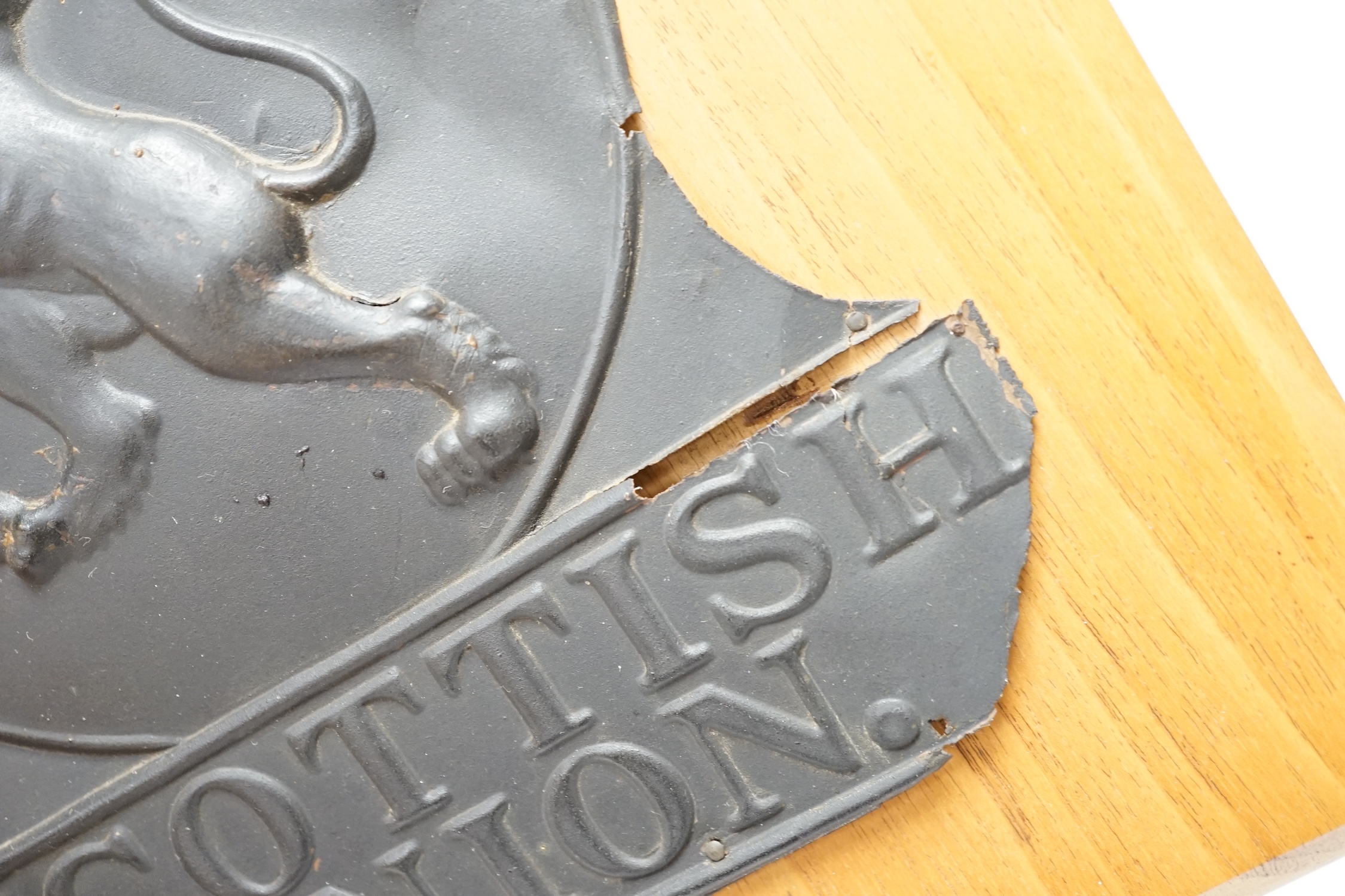 A mounted Scottish Union insurance company copper fire mark, (1824-1878), 28 x 23cm total, Condition - poor to fair